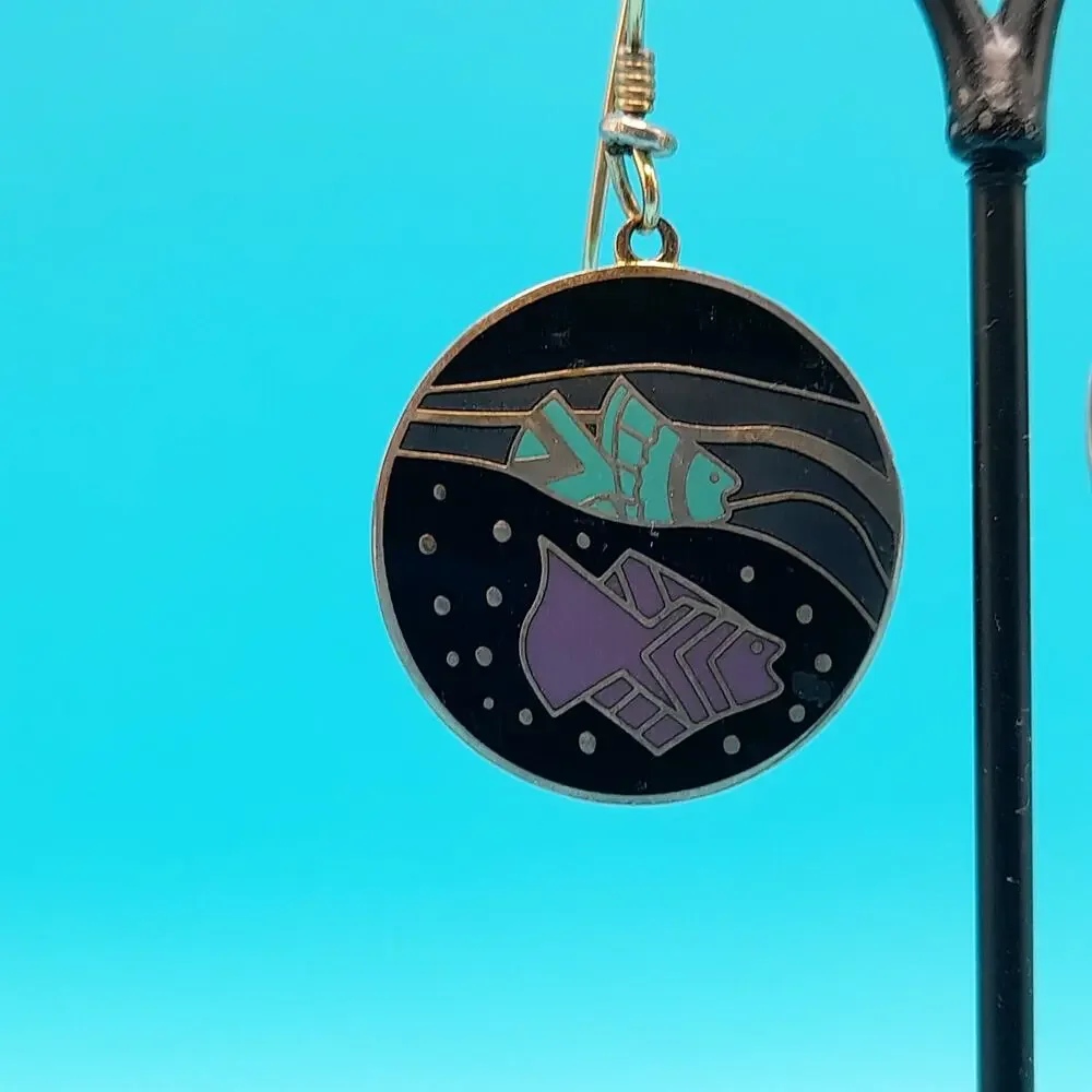 Vintage Laurel Burch Tropical Fish Drop Earrings, Cloisonné Enamel Gold Plated